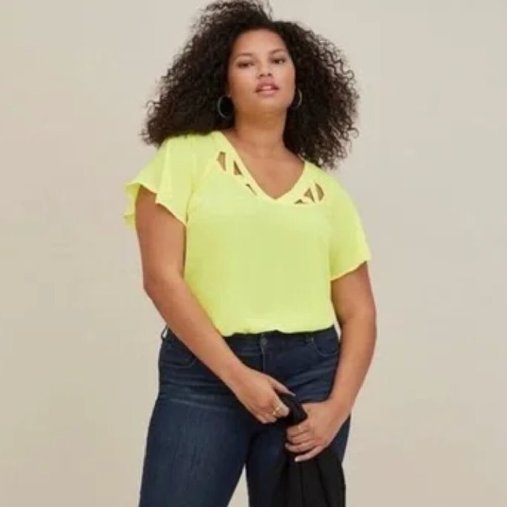 Torrid Yellow Blouse Georgette Cage Front Cutout Lemon Tonic Top Lightweight 0